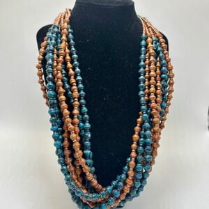 Vintage Boho Layered Paper Bead Necklace Multistrand‎ Statement Copper Blue